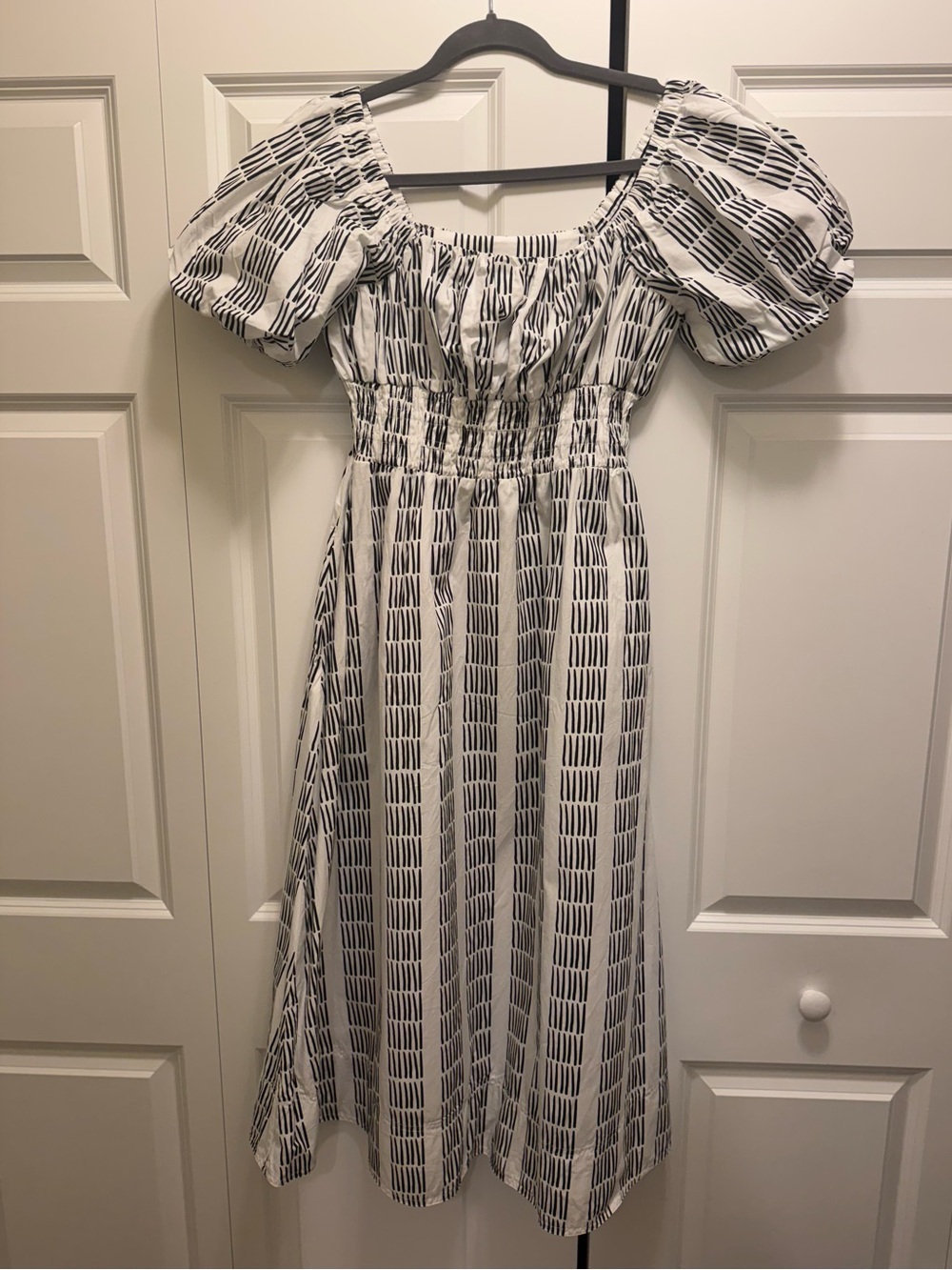 Maeve White Midi Dress with Black Geometric Stripes